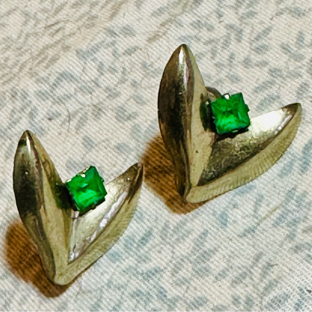 Glowing Green Gems Sterling Silver Earrings, Screw Back Vintage